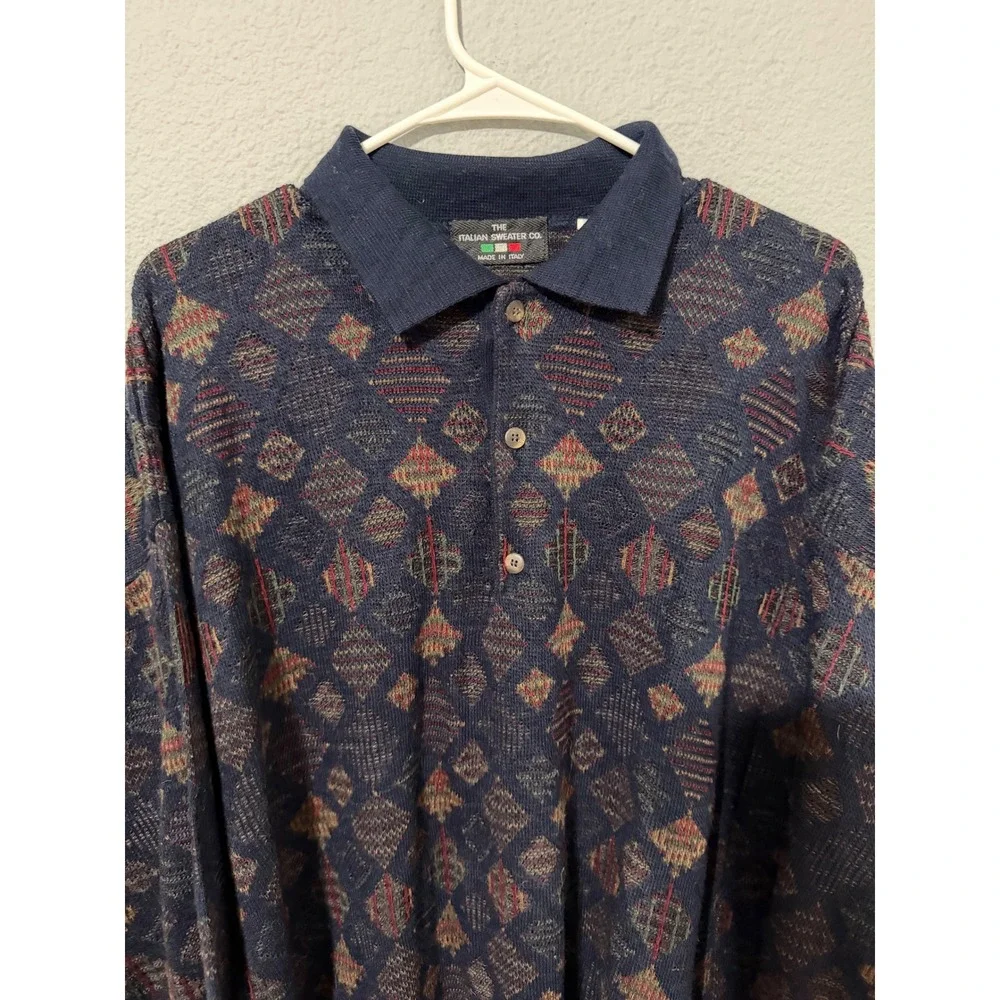 Vintage 80s The Italian Sweater Men L Wool Blend Navy Diamond Knit Polo Sweater